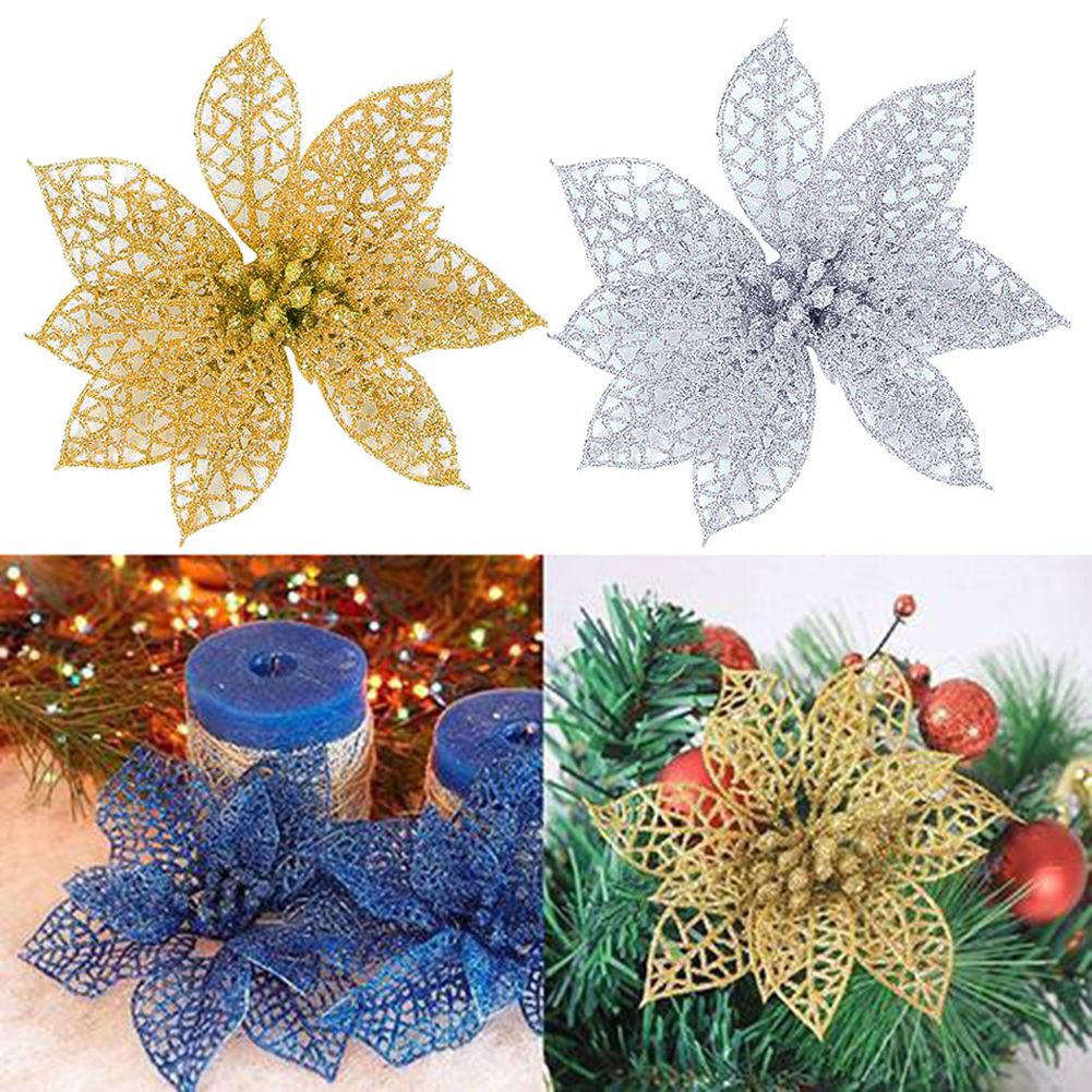 5Pcs Glitter Hollow Artificial Christmas Flower-Golden
