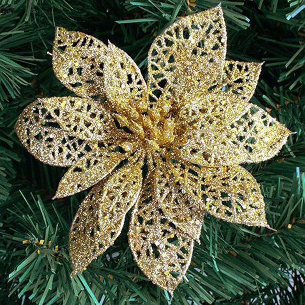5Pcs Glitter Hollow Artificial Christmas Flower-Golden