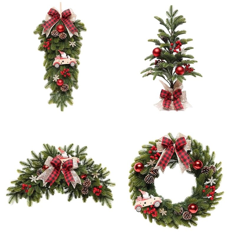 K92A Christmas Garland Red Pine Berry Xmas Tree Wreath For Holiday Party Garden Farmhouse Desktop Decoration New Year Gift Wreath