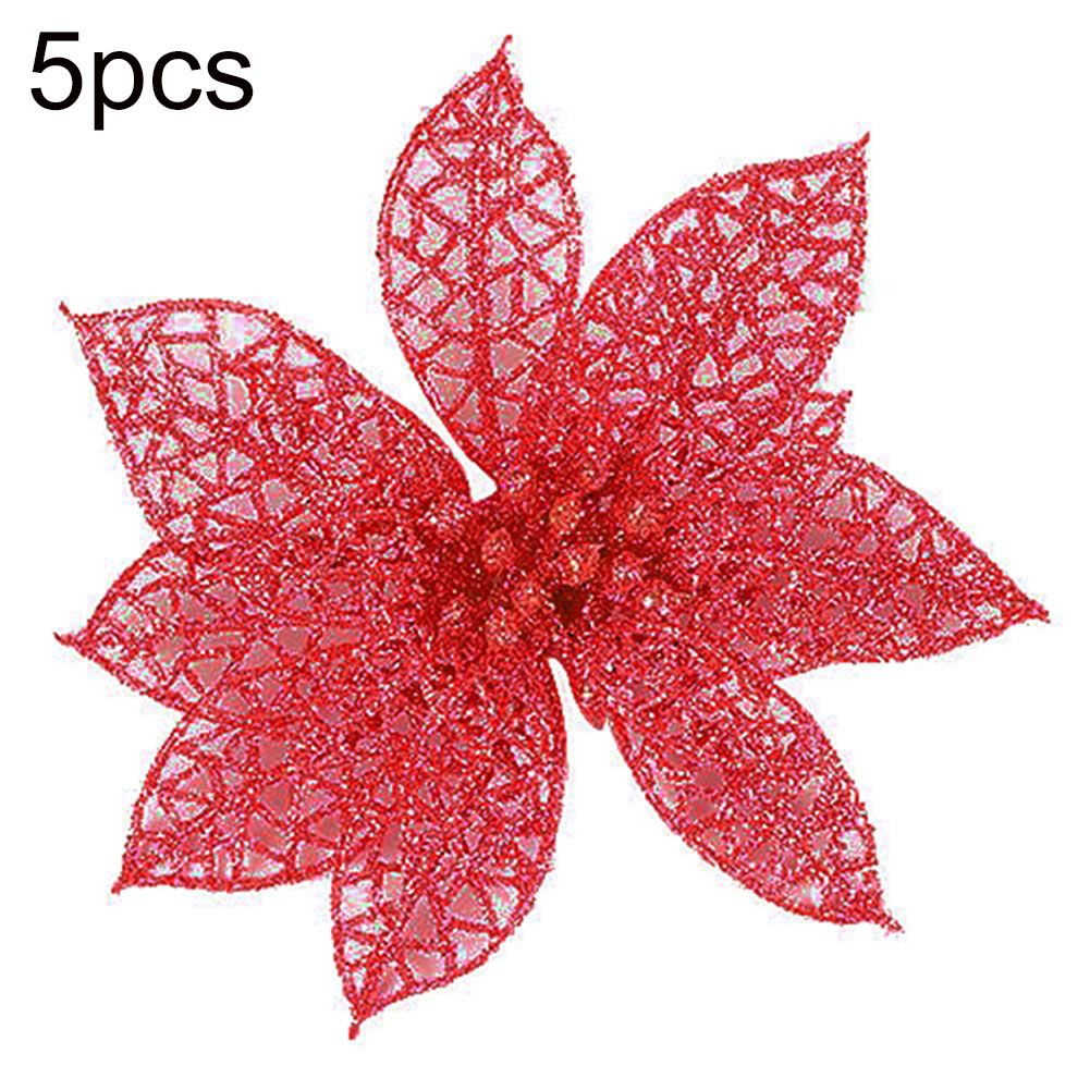 5Pcs Glitter Hollow Artificial Christmas Flower Ornament-Red