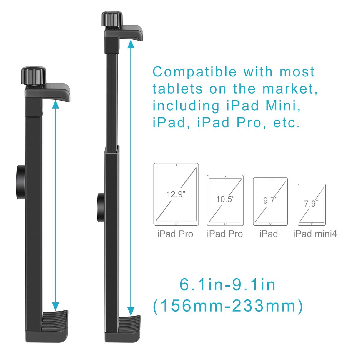 IPad Tablet Tripod Mount Adapter Holder, 6.3-9.25 Inches/16-23.5 Centimeters Adjustable Clamp For IPad Mini IPad 2/3/4, IPad Air/Air2, IPad Pro Surface Samsung Tab 7.0 Series