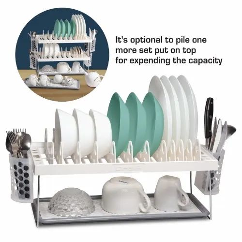 New Rustless 2Tier Plastic Dish Drainer Plate Rack