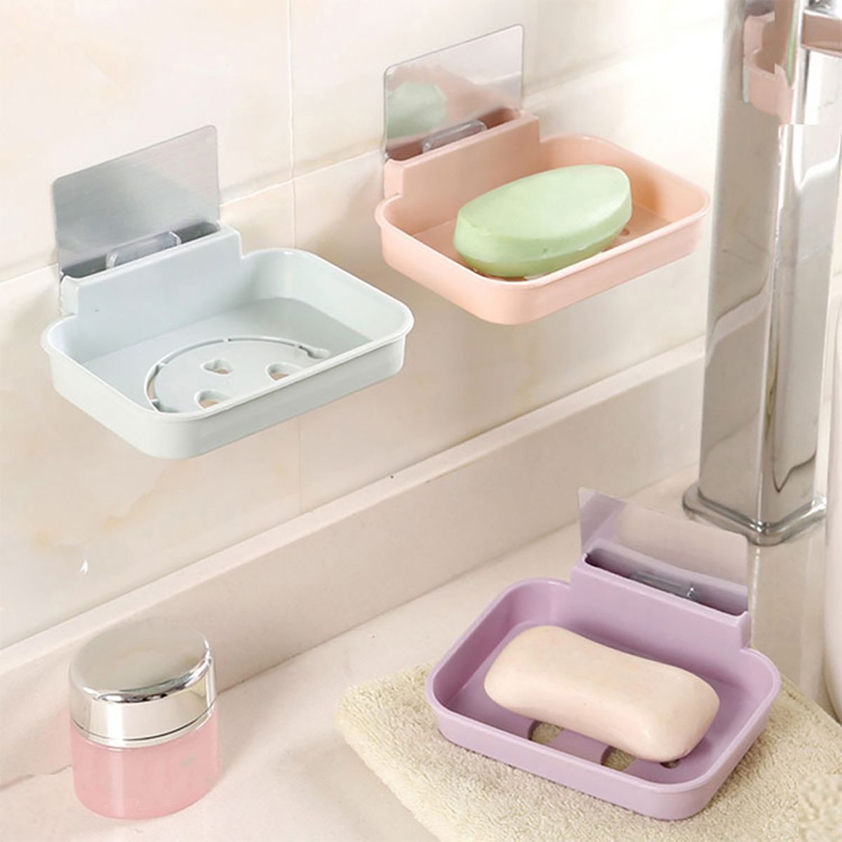 Soap Holder Hollow Smile Face Thicken PP Self-Adhesive Wall Mounted Self Draining Soap Holder For Bathroom-Blue