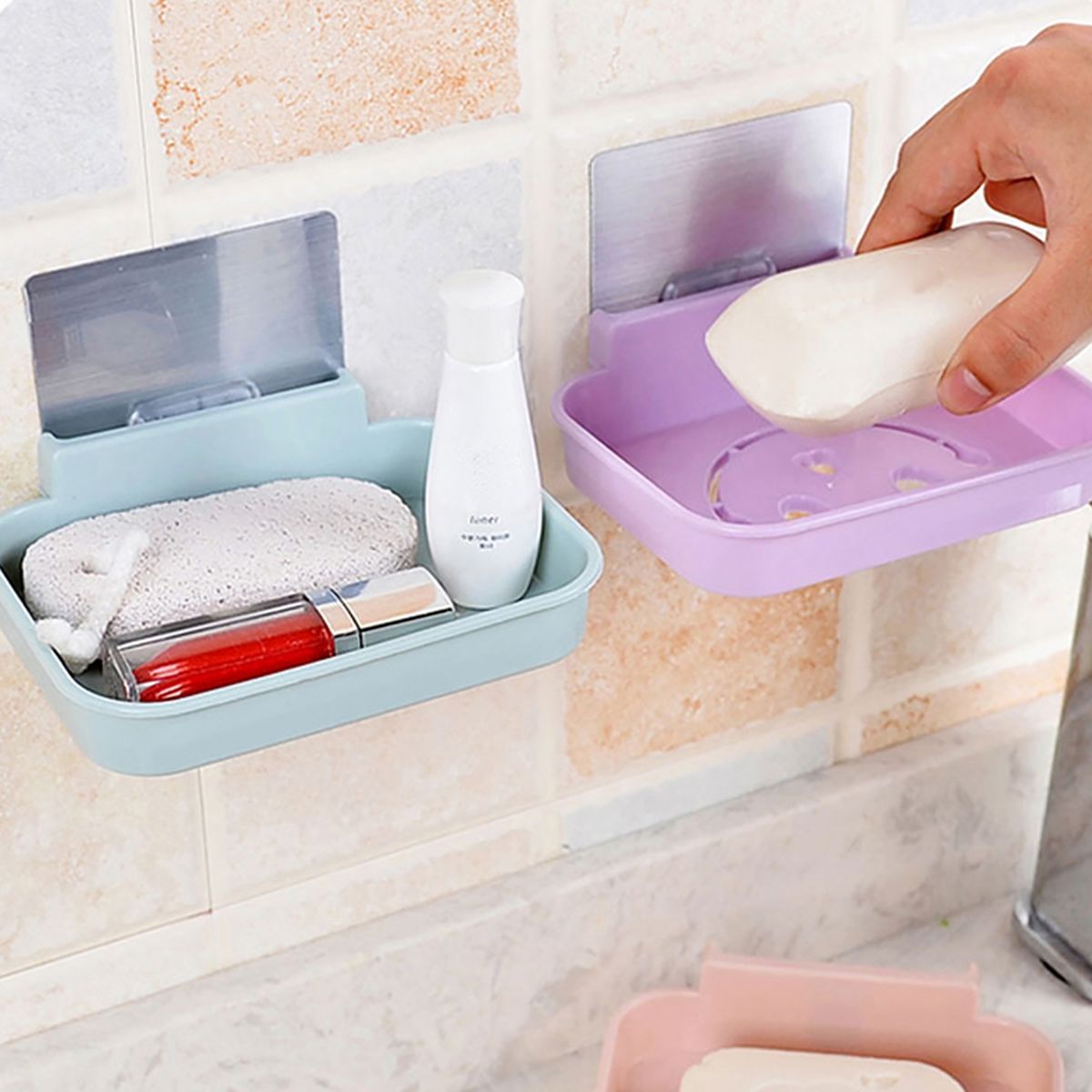 Soap Holder Hollow Smile Face Thicken PP Self-Adhesive Wall Mounted Self Draining Soap Holder For Bathroom-Blue