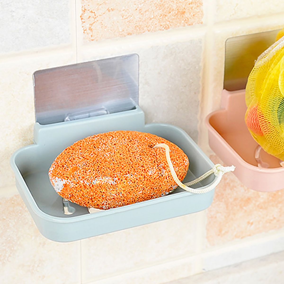 Soap Holder Hollow Smile Face Thicken PP Self-Adhesive Wall Mounted Self Draining Soap Holder For Bathroom-Blue