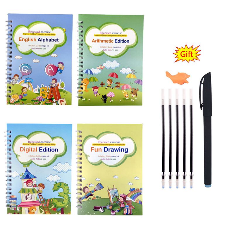 SANK 4 Books + Pen Magic Copy Book Free Wiping Kids Writing
