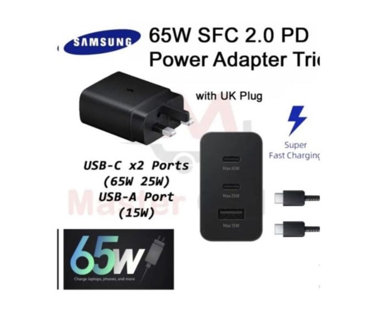 Pd 65 Watts Trio Power Adapter With Usb Type C X 2 Ports, Usb A Port, Fastest Charge