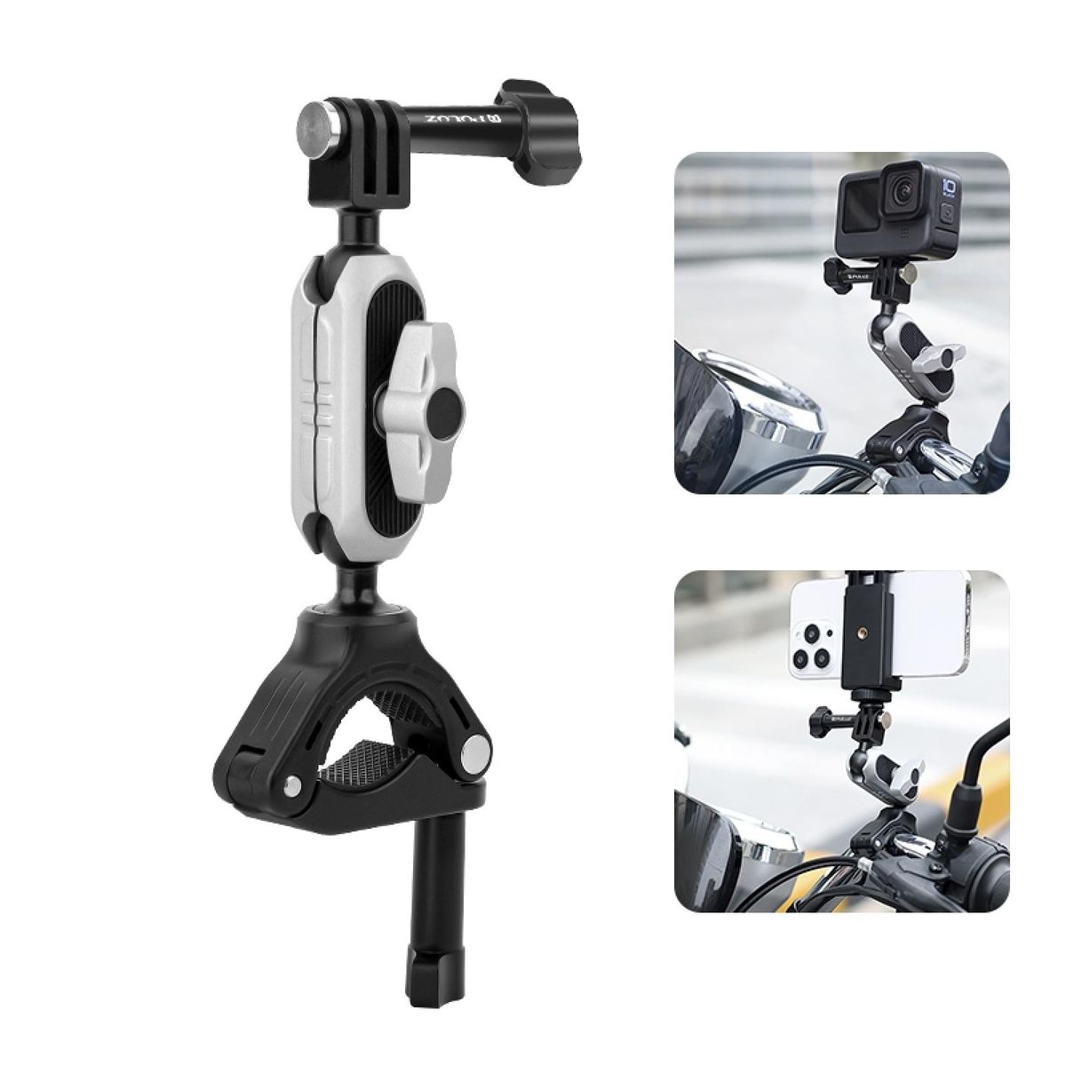 PULUZ PU862 Camera Mount Clamp Mount Bicycle Handlebar Adapter Mount Aluminum Alloy with Dual 360°Rotatable Ball Head with GoPro Adapter Phone Clip Compatible with SJCAM GoPro Hero 11/10/9/8/7 and Other Action Cameras