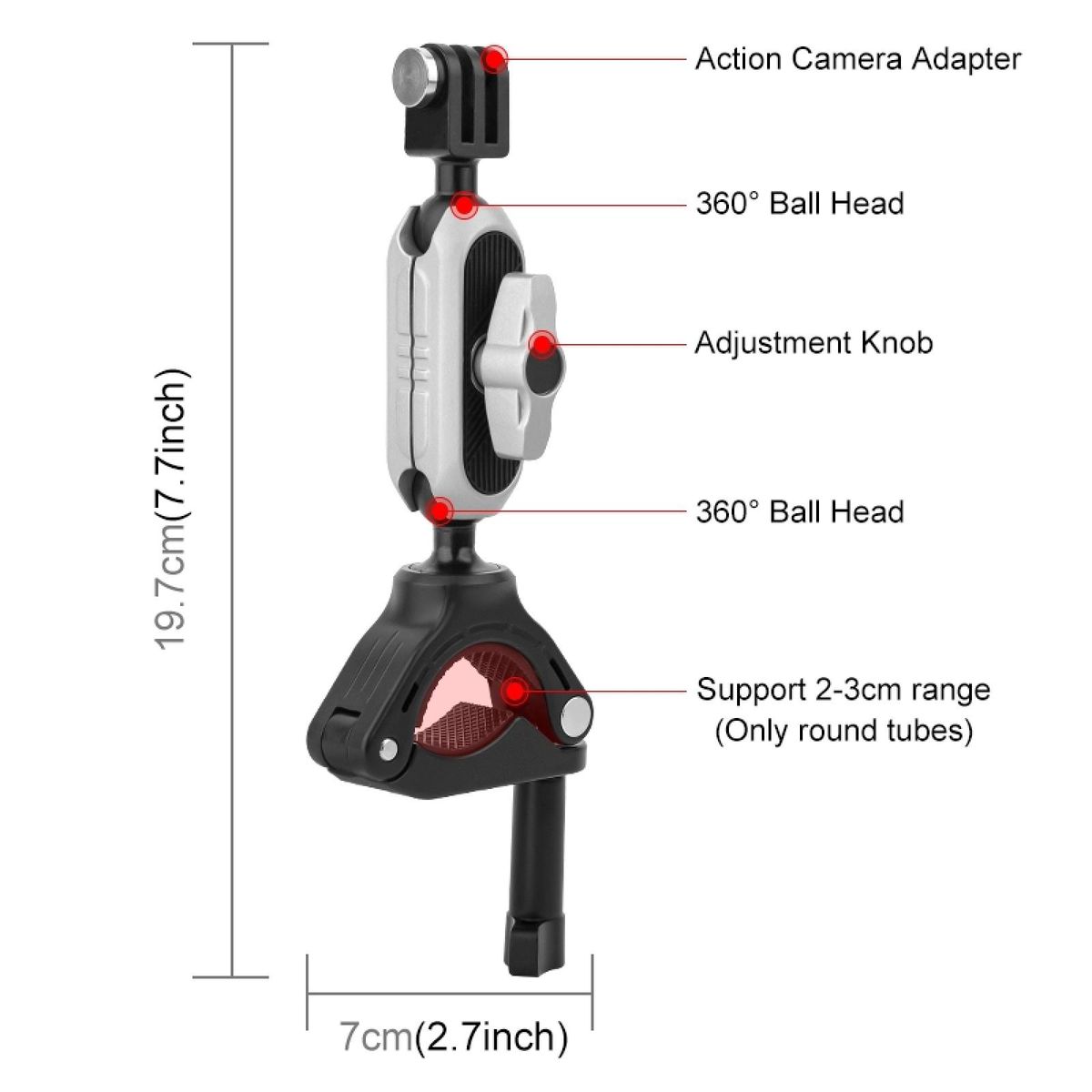 PULUZ PU862 Camera Mount Clamp Mount Bicycle Handlebar Adapter Mount Aluminum Alloy with Dual 360°Rotatable Ball Head with GoPro Adapter Phone Clip Compatible with SJCAM GoPro Hero 11/10/9/8/7 and Other Action Cameras