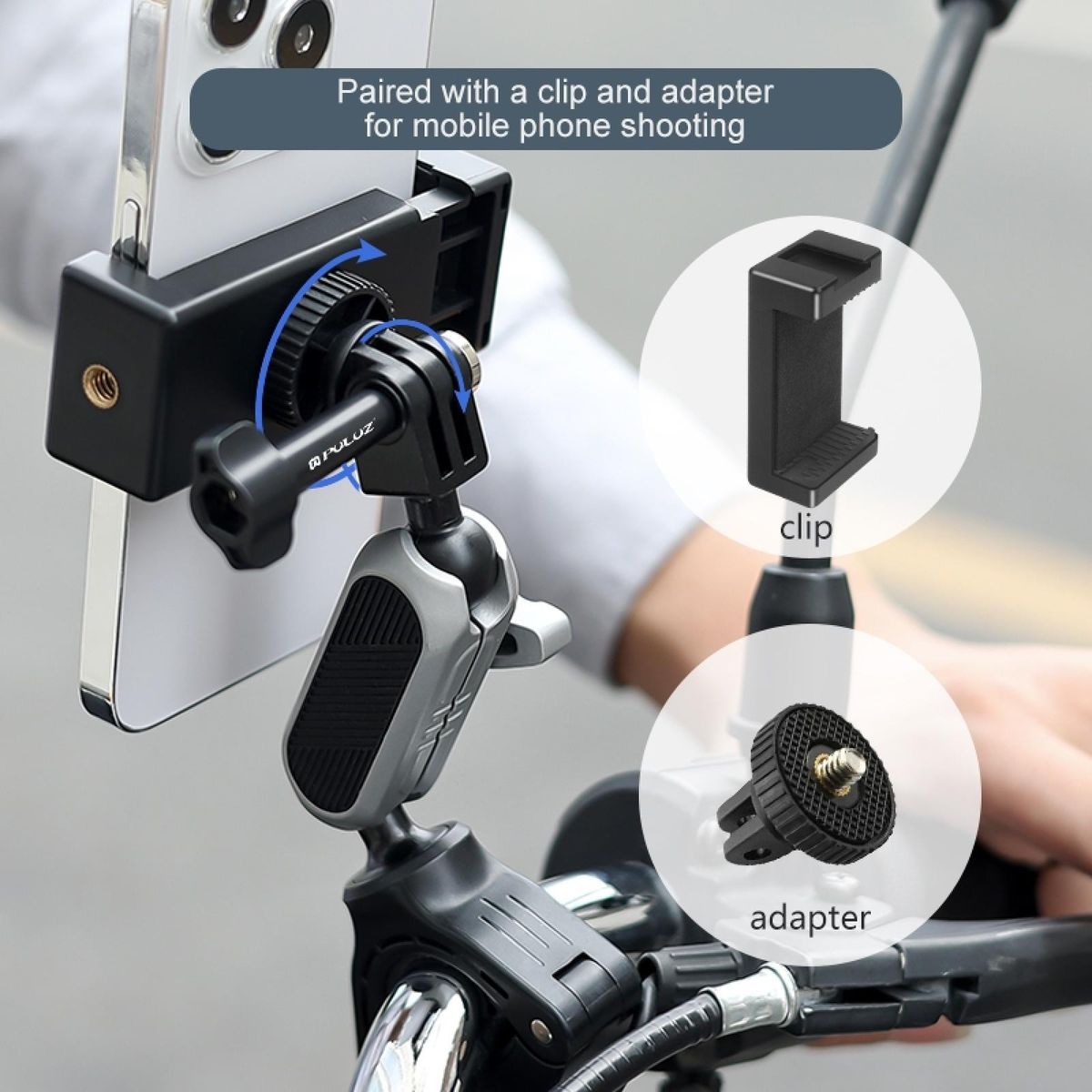 PULUZ PU862 Camera Mount Clamp Mount Bicycle Handlebar Adapter Mount Aluminum Alloy with Dual 360°Rotatable Ball Head with GoPro Adapter Phone Clip Compatible with SJCAM GoPro Hero 11/10/9/8/7 and Other Action Cameras
