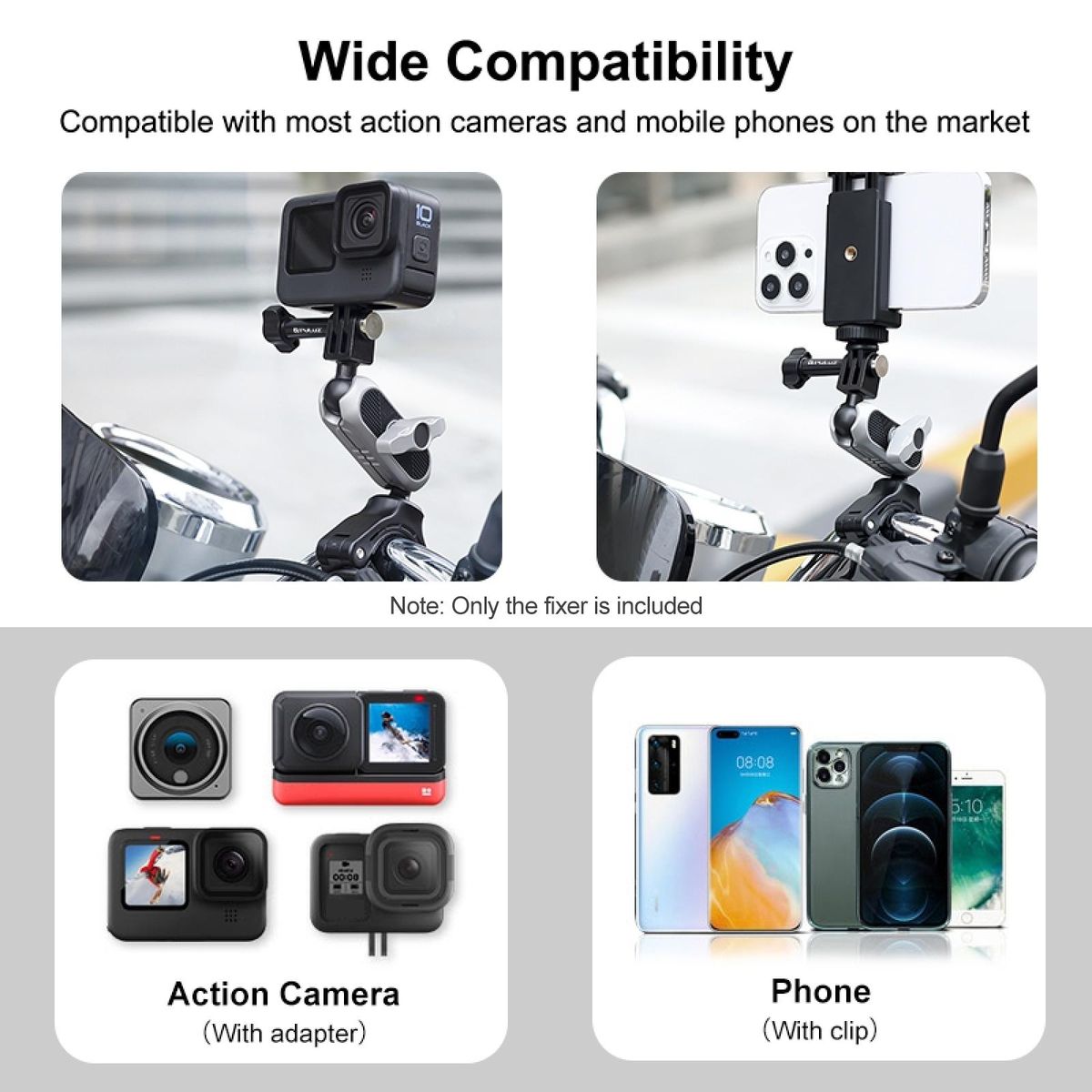 PULUZ PU862 Camera Mount Clamp Mount Bicycle Handlebar Adapter Mount Aluminum Alloy with Dual 360°Rotatable Ball Head with GoPro Adapter Phone Clip Compatible with SJCAM GoPro Hero 11/10/9/8/7 and Other Action Cameras