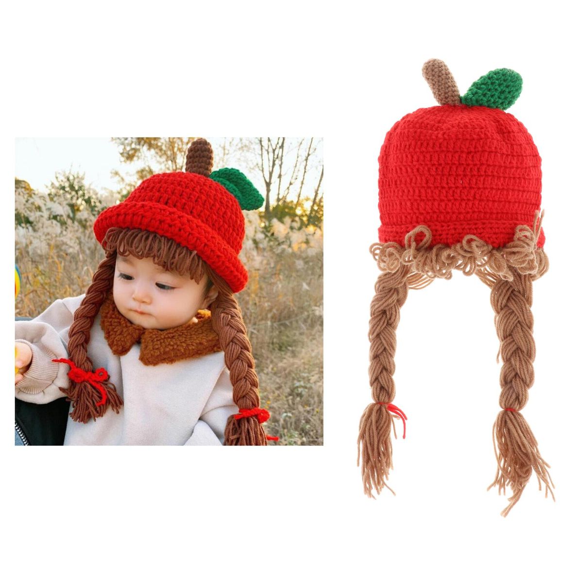 Children Knitted Wig Hat Baby Cute Winter     Shape 1-7 Years Old Red
