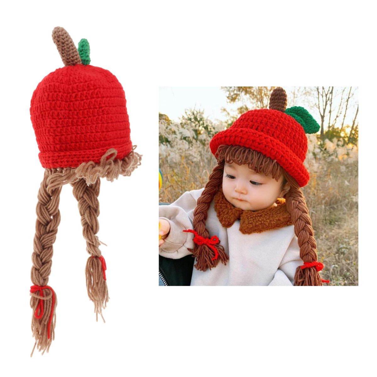 Children Knitted Wig Hat Baby Cute Winter     Shape 1-7 Years Old Red