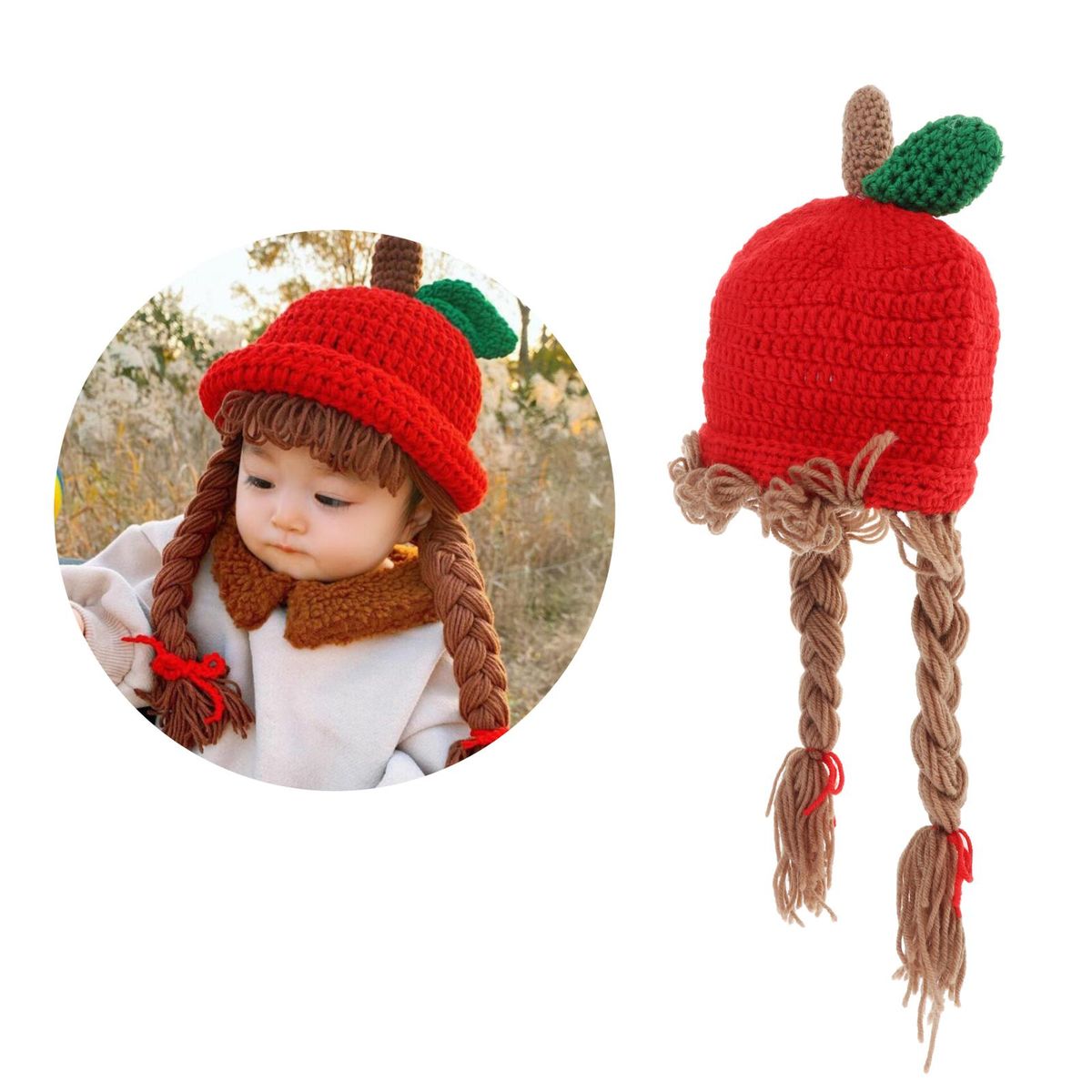 Children Knitted Wig Hat Baby Cute Winter     Shape 1-7 Years Old Red