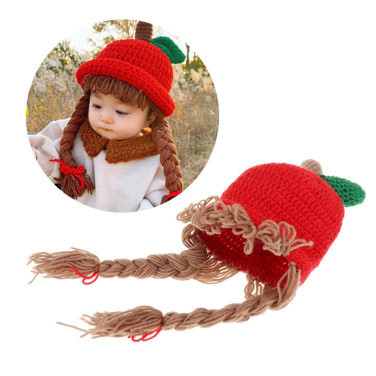 Children Knitted Wig Hat Baby Cute Winter     Shape 1-7 Years Old Red