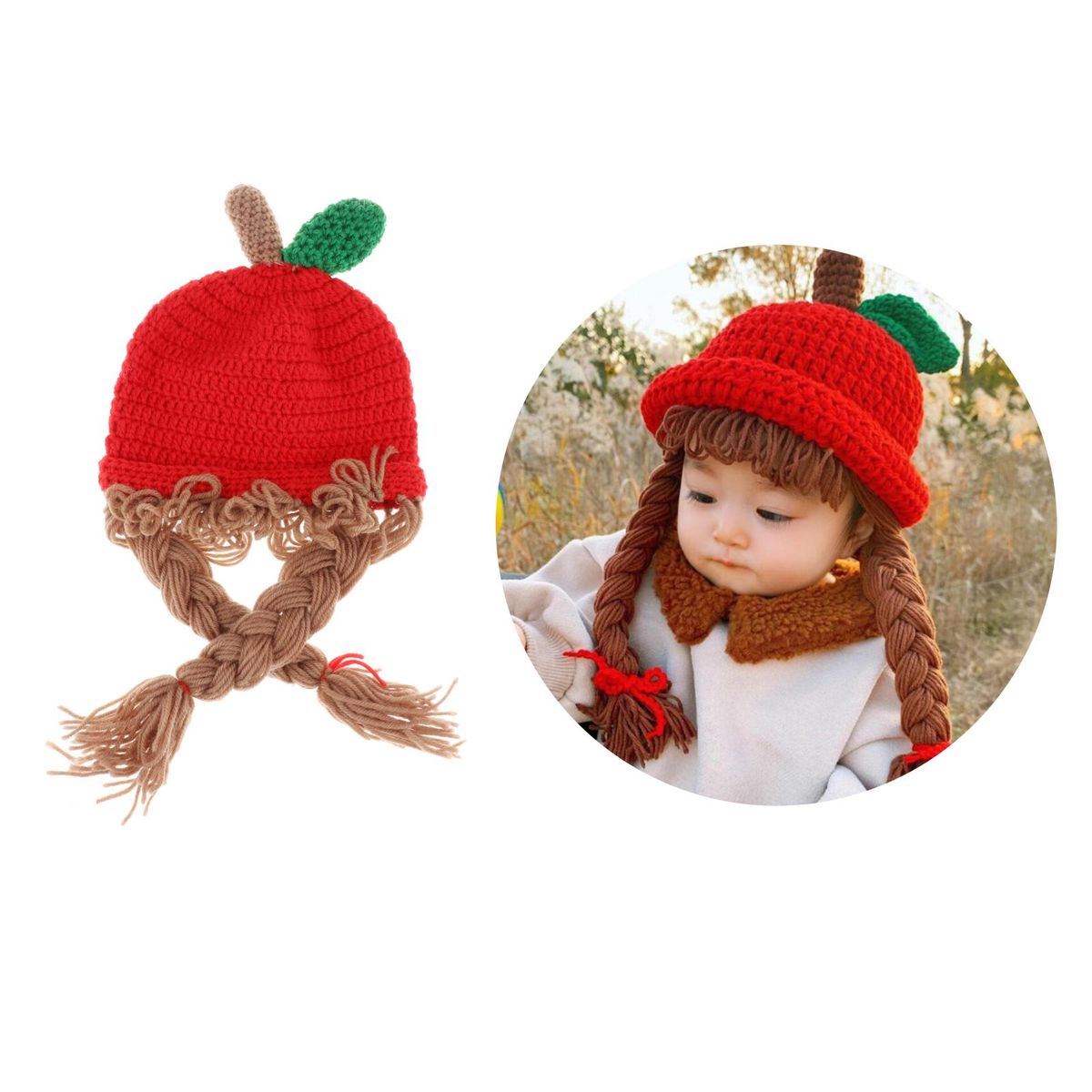 Children Knitted Wig Hat Baby Cute Winter     Shape 1-7 Years Old Red