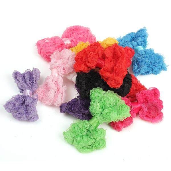 12pcs Mix Baby Girl Rose Flower Chiffon Bowknot Hair Bows Clip Headbands