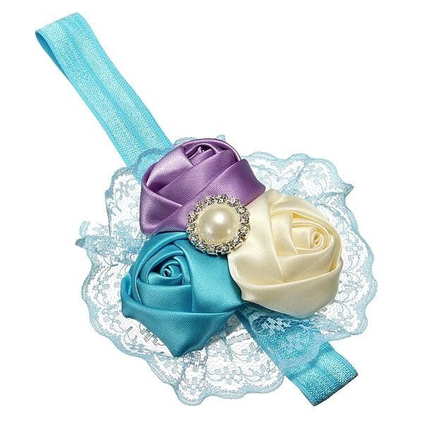Baby Girl Rose Flower Rhinestone Headband Elastic HairBand Accessories Lace Gift #6-cream / Blue / Purple