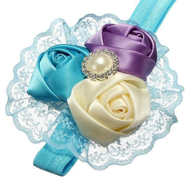 Baby Girl Rose Flower Rhinestone Headband Elastic HairBand Accessories Lace Gift #6-cream / Blue / Purple