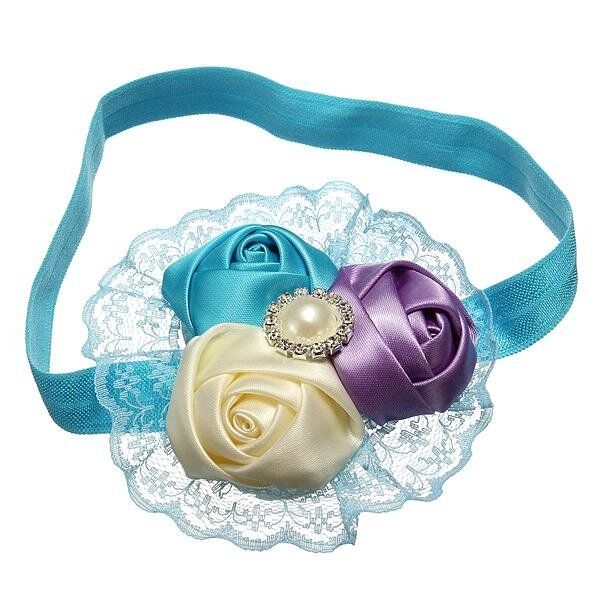 Baby Girl Rose Flower Rhinestone Headband Elastic HairBand Accessories Lace Gift #6-cream / Blue / Purple