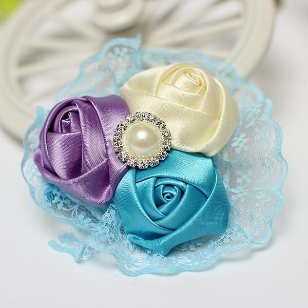 Baby Girl Rose Flower Rhinestone Headband Elastic HairBand Accessories Lace Gift #6-cream / Blue / Purple