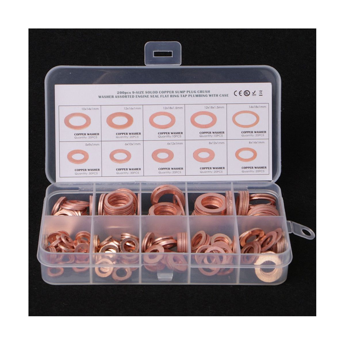 200Pcs O Ring Copper Metric Washers Assortment Kit Flat Sealing Washer 9 Sizes M6 M8 M10 M12 M14