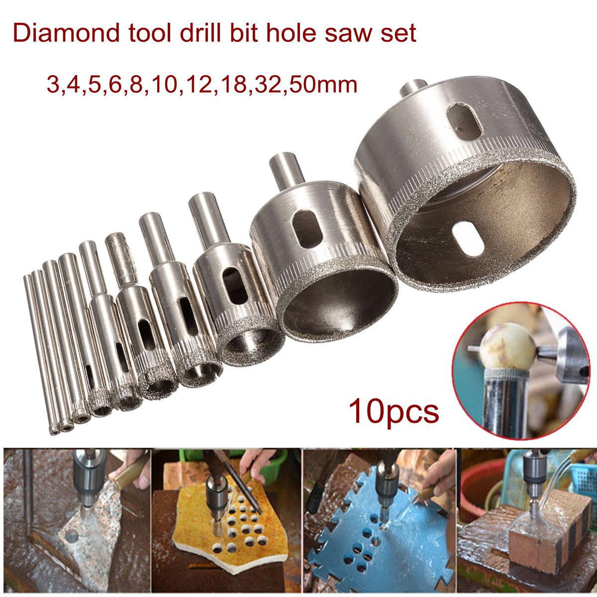10 Pcs 3-50mm Diamond Tool Drill Bit Hole Set For Glass Ceramic Marble Tile