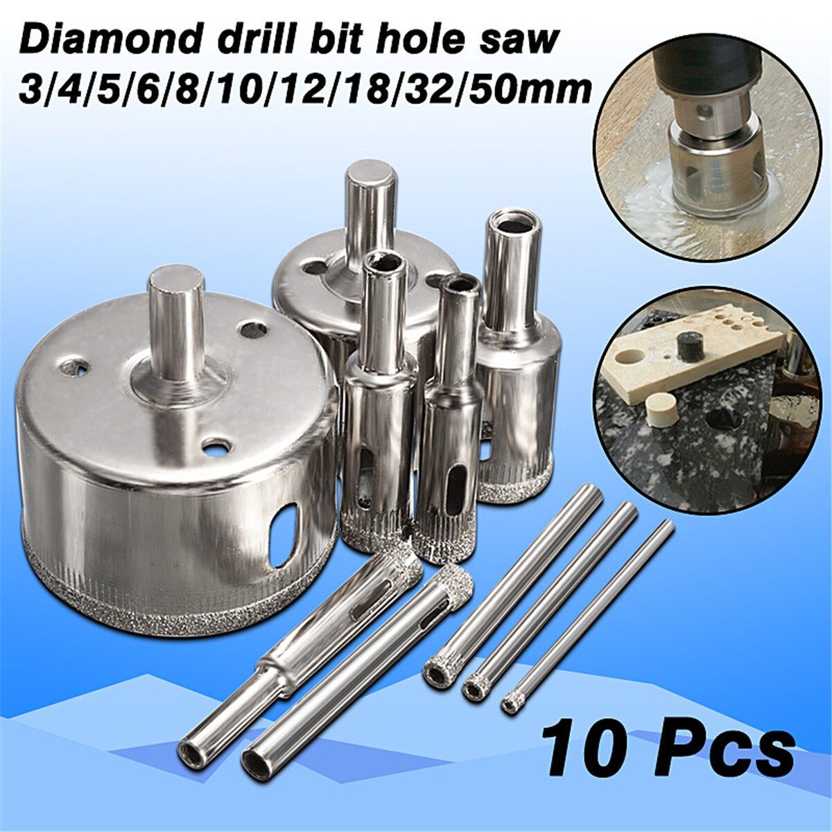 10 Pcs 3-50mm Diamond Tool Drill Bit Hole Set For Glass Ceramic Marble Tile
