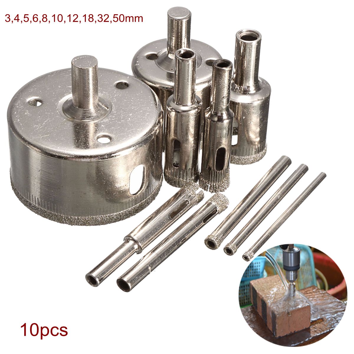 10 Pcs 3-50mm Diamond Tool Drill Bit Hole Set For Glass Ceramic Marble Tile