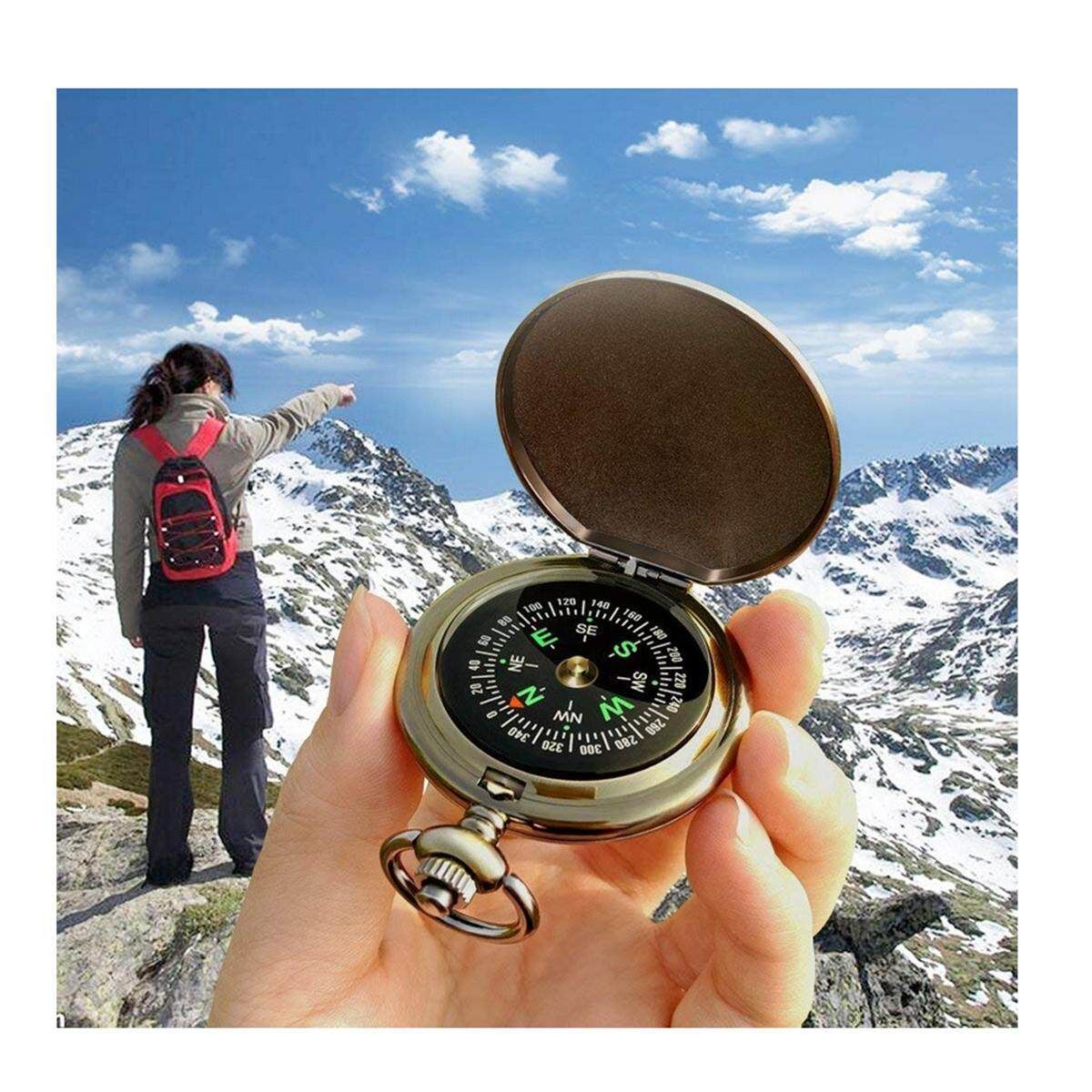 Portable Compass Brass Chain Watch Outdoor Camping Hiking Pocket Navigation +Box