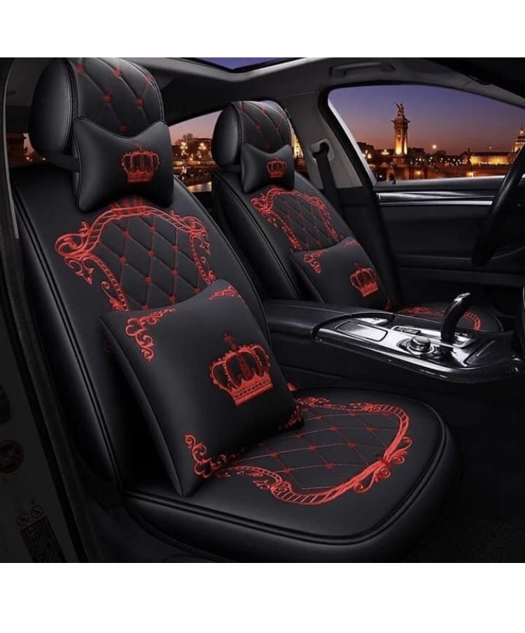 Universal Luxury Crown 5 Seater Leather Car Seat Cover Red & Black