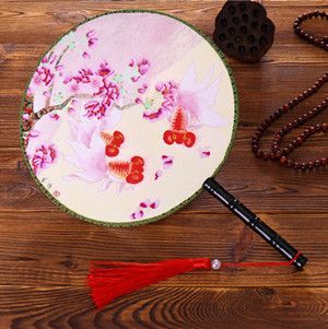 Decorative Ladies Hand Printed 24cm Handle Chinese Dance Fan Round Antique Fan Fan Double Large Silk Big Circle Costume