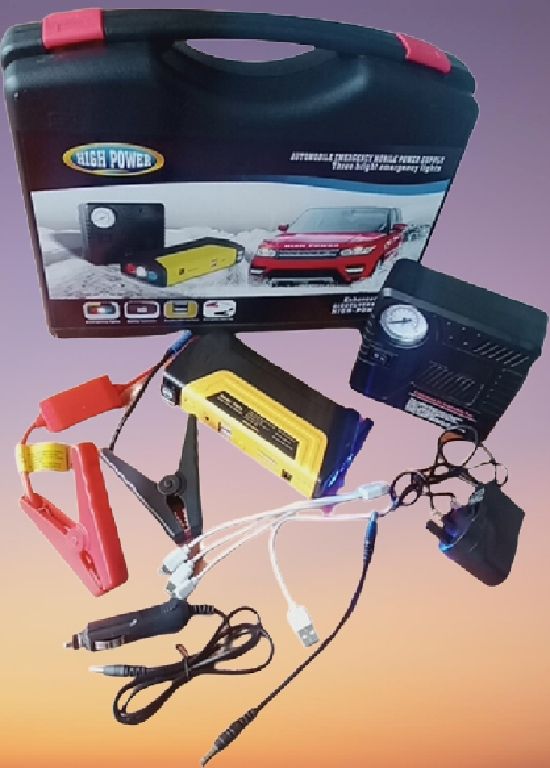 Multifunction Jump Starter Power Kit With Tyre Inflator Air Pump Fills Tires.Capacity: 99800mAh Jump Start Cars ,Pump Car & Truck Tyre & Charge Laptop & Power Any 12-volt Electronics Such : Led Bulb, Gotv, Led TV, Djack Home 
