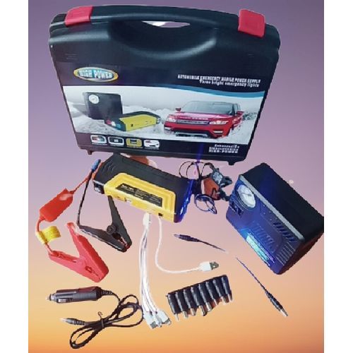Multifunction Jump Starter Power Kit With Tyre Inflator Air Pump Fills Tires.Capacity: 99800mAh Jump Start Cars ,Pump Car & Truck Tyre & Charge Laptop & Power Any 12-volt Electronics Such : Led Bulb, Gotv, Led TV, Djack Home 