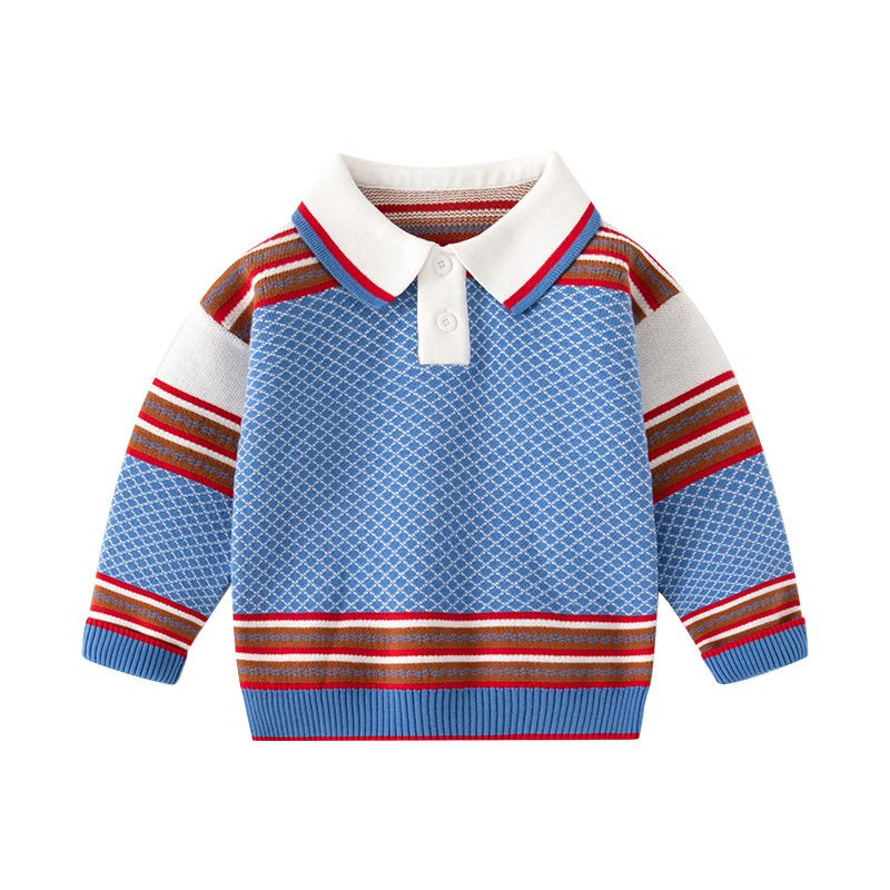 100% Cotton Kids Pullover Turn Down Collar Long Sleeve Boys Sweaters-Green