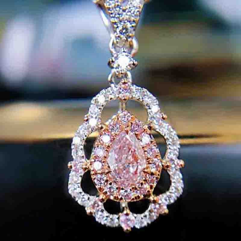 Diamond Shiny Pink Necklace Jewelry Water Drop Pear Shape Elegant Lady P