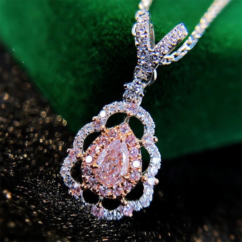 Diamond Shiny Pink Necklace Jewelry Water Drop Pear Shape Elegant Lady P