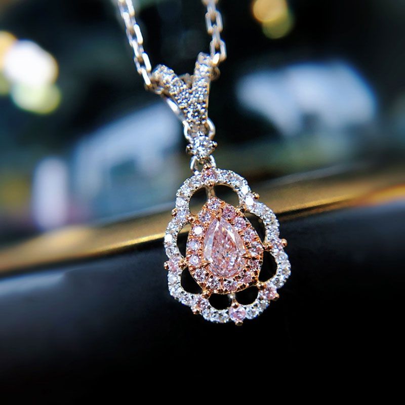 Diamond Shiny Pink Necklace Jewelry Water Drop Pear Shape Elegant Lady P
