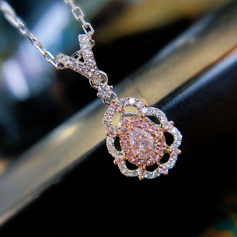 Diamond Shiny Pink Necklace Jewelry Water Drop Pear Shape Elegant Lady P