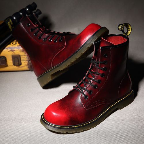 Luxury Men's Fashion Boots EUR Size 36-47 Top Quality Italian Handmade Cow Split Leather Motorcycle Boots Unisex High Top Martin Boots Handsome Male Shoes Couples Oxfords Outsole Ankle Boots Red