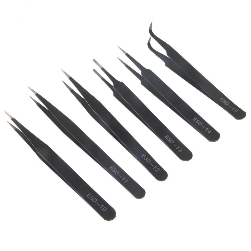 6PCS ESD10-15MM Stainless Steel Tweezers Industrial Curved