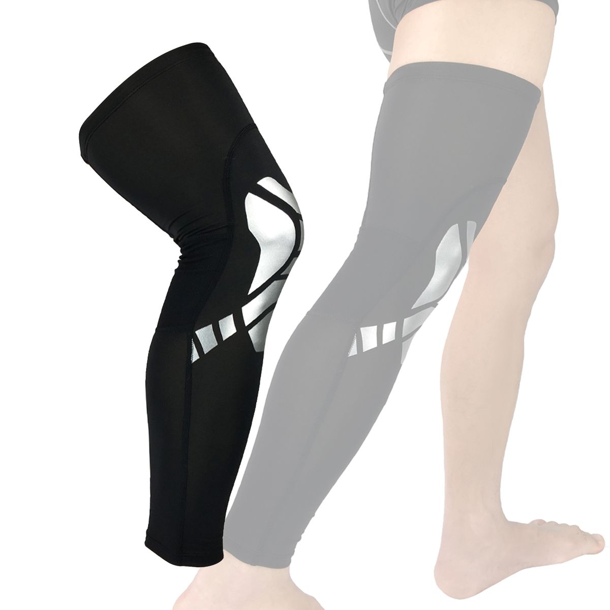 Silicone Compression Long Leg Support Brace Sleeve Black And Sliver M