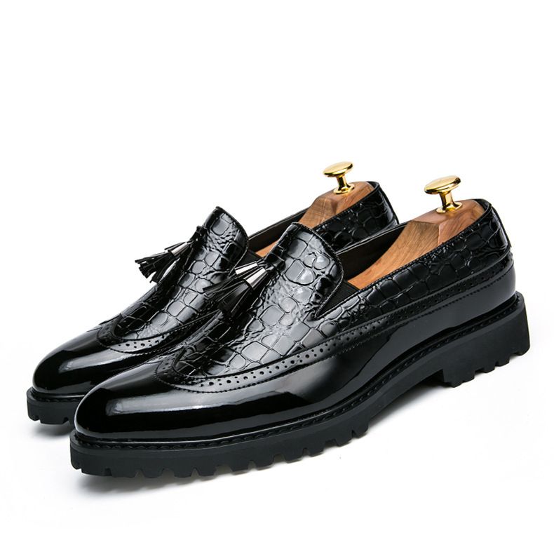 Male Formal Shoes Glossy Tassel Brogue Leather Shoes-Black