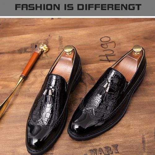 Male Formal Shoes Glossy Tassel Brogue Leather Shoes-Black