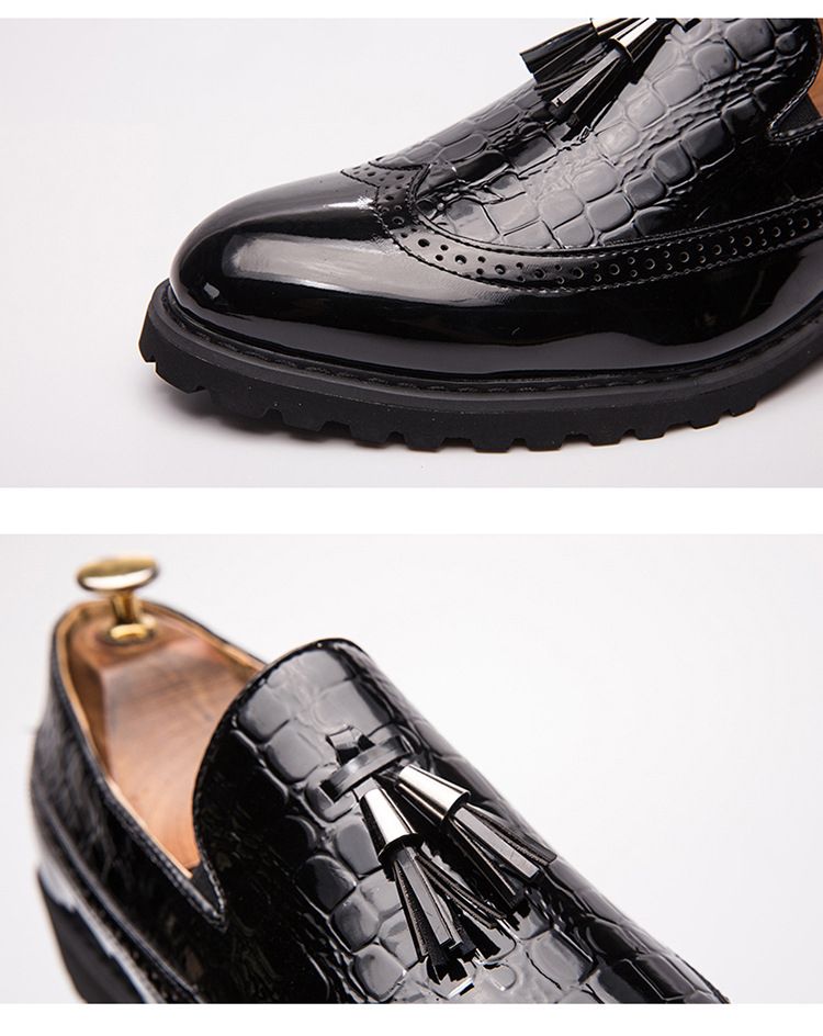 Male Formal Shoes Glossy Tassel Brogue Leather Shoes-Black