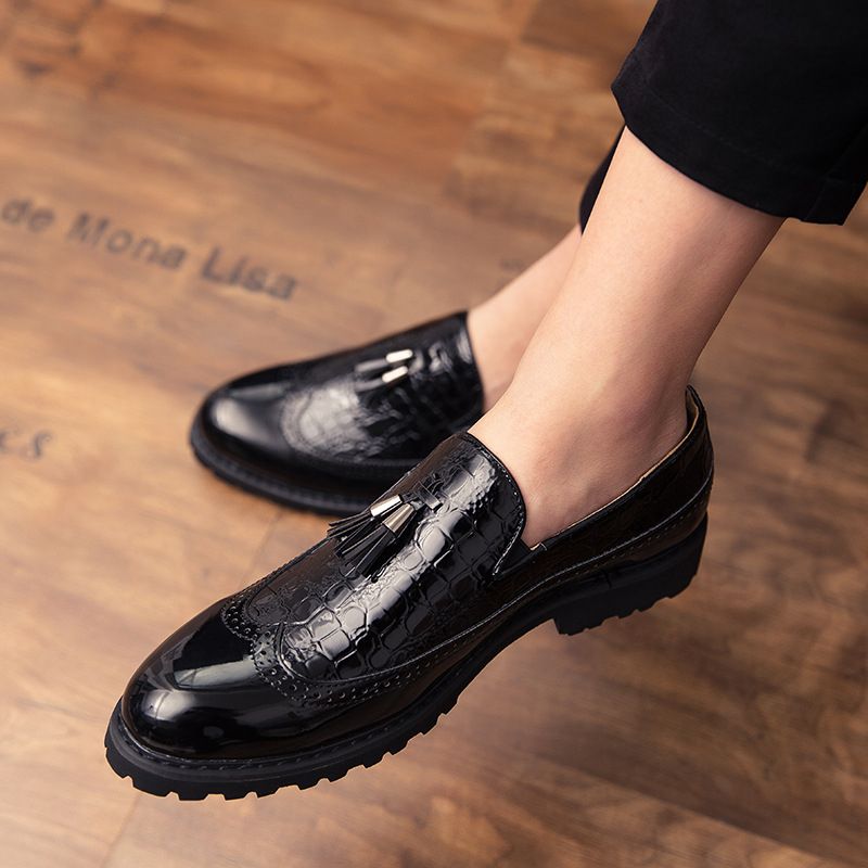 Male Formal Shoes Glossy Tassel Brogue Leather Shoes-Black