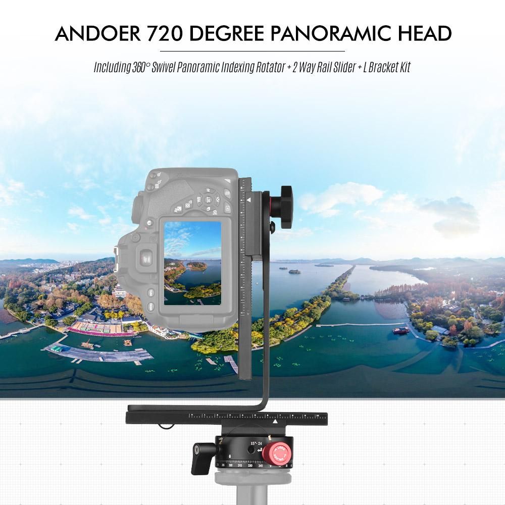 Andoer 720 Degree Panoramic Head Including 360° Swivel Panoramic Indexing Rotator + 2 Way Rail Slider + L Bracket Kit for Canon Nikon Sony DSLR ILDC Camera Max. Load Capacity 3kg