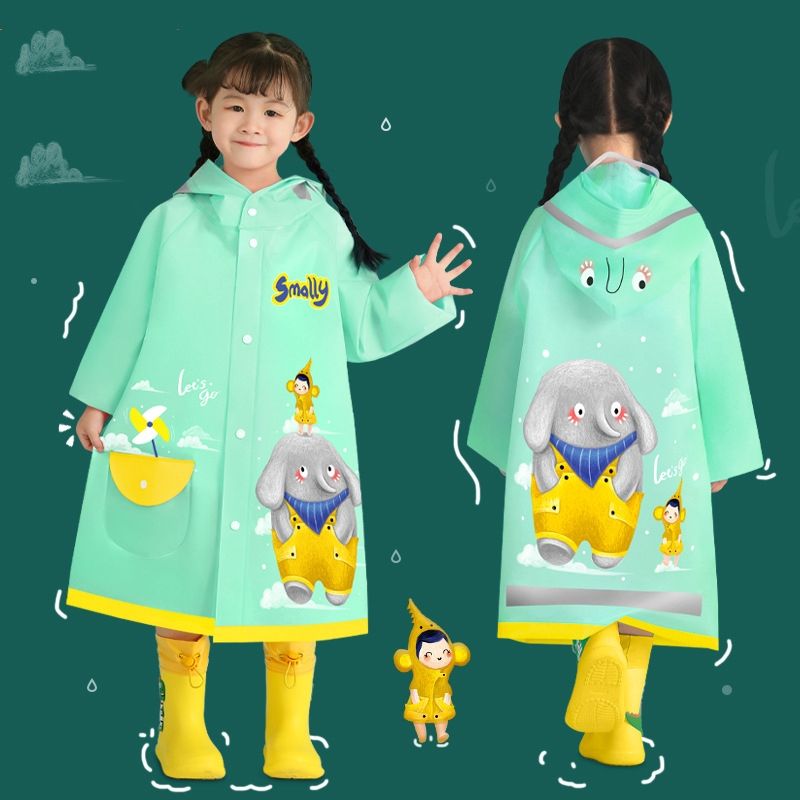 Smally Cartoon Children Raincoat EVA Waterproof Student Split Poncho-Glacial Blue