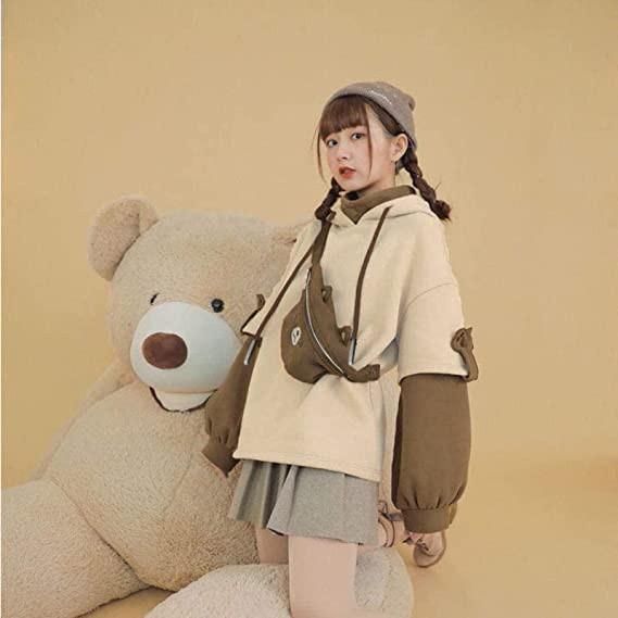Woman's Brown Bear Hoodie Long Sleeve Sweatshirt Personality Bag