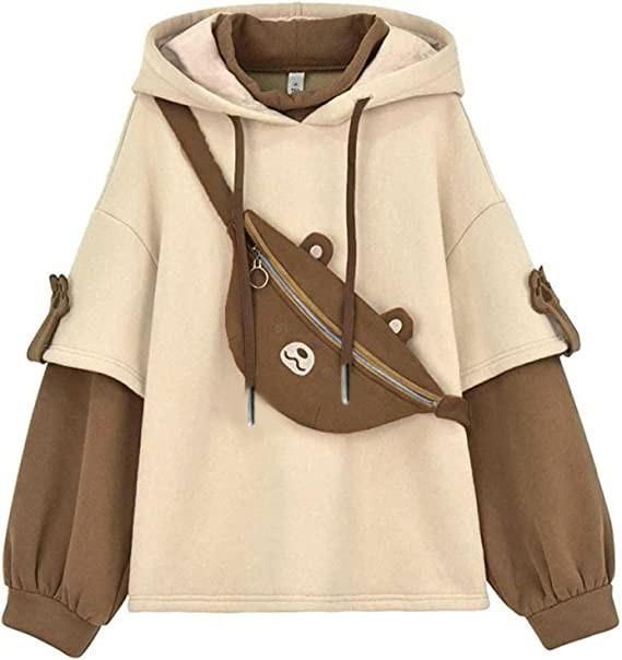 Woman's Brown Bear Hoodie Long Sleeve Sweatshirt Personality Bag